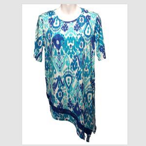 NEW Chicos Asymmetrical Crochet Hem Short Slve Knit Tunic *0 (4) Blue Ikat (2495